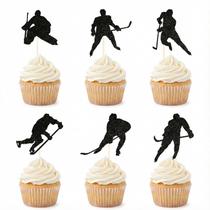HZYYJCK 24 Unidades de Topos para Cupcake de Jogador de Hóquei com Glitter Preto