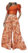 I0301-Conjunto Feminino Top Cropped Manga Bufante Pantalona 252z