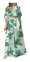 I0502-Conjunto Feminino Calça Pantalona Top Cropped Estampado 82p