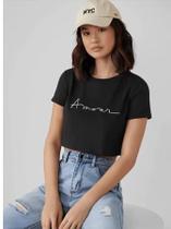 icon arrow left boldicon arrow right bold Compartilhar 0 Camisa Cropped Manga Curta Feminina Básica em algodão estampa Amour Fashion Casual