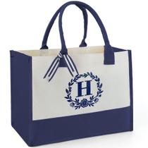 Ideas de Regalos de Cumpleaños BeeGreen para Hermana, Profesora, Mamá, Dama de Honor, Regalos de Jubilación para Compañeras de Trabajo, Madres, Abuela - Bolsa de Playa Divertida con Inicial y Bolsillo, Cestas de Regalo Vacías, Bolsa Tote Azul Marino