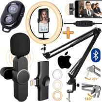 Iluminador Luz Led Ring Light Suporte Braço Articulado de Mesa + Microfone Lapela Sem Fio Celular iOS Gravação Vídeo