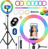 Iluminador Ring Light Colorido Rgb + Branco Frio Quente Tripé Profissional Celular Universal Controle Bluetooth Youtuber