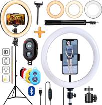 Iluminador Ring Light Luz Led Profissional Completo 26cm Selfie Makeup Gravar Vídeo + Tripé 2,10m Hing Suporte Celular