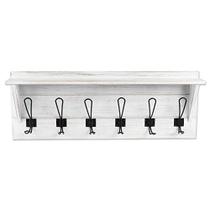 Ilyapa White Coat Rack Wall Mount com prateleira - Rack de casaco de madeira com prateleira, 6 ganchos de metal - para chapéus, casacos, cozinha, quarto e muito mais - Branco Intemperado