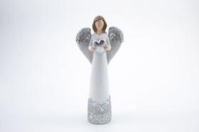 Imagem Anjo Branco Renda Prateada com Coração Resina 15 cm