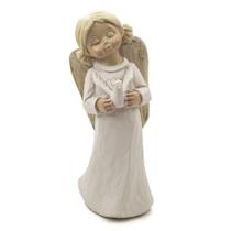 Imagem Anjo Com Pombo Vestido Branco Resina 15 Cm - Amém Decoração Religiosa