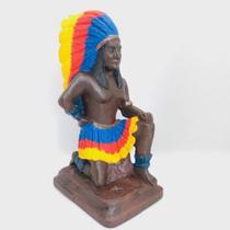 Imagem Caboclo Pena Colorida Escultura Resina Estatua 23 Cm
