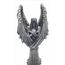 Imagem Castiçal Anjo Negro Cinza Escultura Resina 25 cm