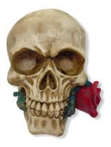 Imagem Crânio Com Rosa Na Boca Escultura Resina Estatua