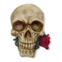 Imagem Crânio Com Rosa Na Boca Escultura Resina Estatua