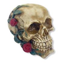Imagem Crânio Com Rosa No Rosto Escultura Resina Estatua
