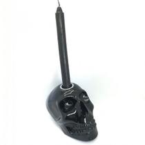 Imagem Crânio Porta Preto Velas Escultura Resina 10 cm