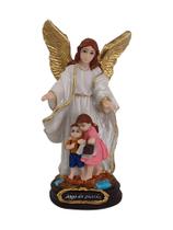 Imagem do Santo Anjo da Guarda branco com crianças 14cm em Resina