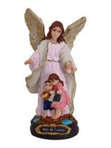 Imagem do Santo Anjo da Guarda Rosa com crianças 14cm em Resina