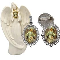 Imagem Estatua Anjo da Guarda Com Relicario Metal Broche Resinado Decoração Casa Capelinha Cantinho de oração Catolica