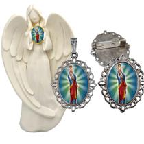 Imagem Estatua Nossa Senhora da Comunicação Com Relicario Metal Broche Resinado Decoração Casa Capelinha Cantinho de or