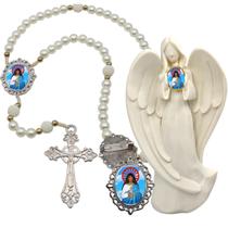 Imagem Estatua Nossa Senhora da Saude Com Terço de Luxo e Broche Resinado Decoração Casa Capelinha Cantinho de oração