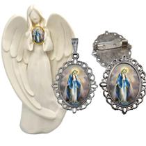 Imagem Estatua Nossa Senhora das Graças Com Relicario Metal Broche Resinado Decoração Casa Capelinha Cantinho de oração