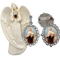 Imagem Estatua Nossa Senhora do Carmo Com Relicario Metal Broche Resinado Decoração Casa Capelinha Cantinho de oração C