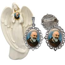 Imagem Estatua Padre Pio Com Relicario Metal Broche Resinado Decoração Casa Capelinha Cantinho de oração Catolica