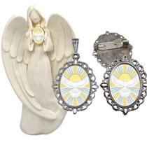 Imagem Estatua Pomba Divino Espirito Com Relicario Metal Broche Resinado Decoração Casa Capelinha Cantinho de oração Ca