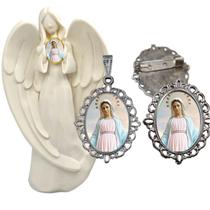 Imagem Estatua Rainha da Paz Com Relicario Metal Broche Resinado Decoração Casa Capelinha Cantinho de oração Catolica