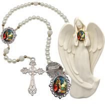 Imagem Estatua Rainha da Paz Com Terço de Luxo e Broche Resinado Decoração Casa Capelinha Cantinho de oração Catolica