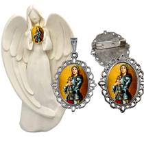 Imagem Estatua Santa Joana D Arc Com Relicario Metal Broche Resinado Decoração Casa Capelinha Cantinho de oração Catoli