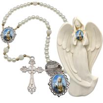 Imagem Estatua Santa Joana D Arc Com Terço de Luxo e Broche Resinado Decoração Casa Capelinha Cantinho de oração Cato