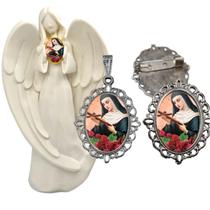Imagem Estatua Santa Rita Com Relicario Metal Broche Resinado Decoração Casa Capelinha Cantinho de oração Catolica