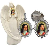 Imagem Estatua Santa Teresinha Com Relicario Metal Broche Resinado Decoração Casa Capelinha Cantinho de oração Catolica