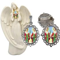 Imagem Estatua São Cosme e Damião Com Relicario Metal Broche Resinado Decoração Casa Capelinha Cantinho de oração Catol