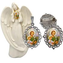 Imagem Estatua São José Com Relicario Metal Broche Resinado Decoração Casa Capelinha Cantinho de oração Catolica