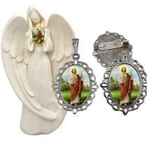 Imagem Estatua São Judas Com Relicario Metal Broche Resinado Decoração Casa Capelinha Cantinho de oração Catolica