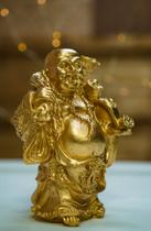 Imagem Estatueta Buda Tradicional Dourado Feliz Resina 18cm