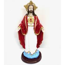 Imagem Sagrado Coração Manto Vermelho Escultura Resina 31 cm Imagem Sagrado Coração Manto Vermelho Escultura Resina 31 cm