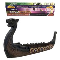 Incensário Barra Barco Canoa Viking Dragão + 5 Caixas de Incenso Vareta Indiano