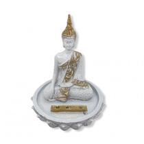 Incensário Buda Tibetano Branco Meditar Lótus 11 cm Resina - META ATACADO