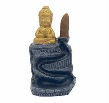 Incensário cascata Buda criança cinza com dourado 13 cm resina