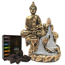 Incensário Cascata Buda Hindu Meditando Esotérico Zen + 10 Incensos Cones - R.A. ARTESANATOS