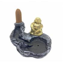 Incensário Cascata Buda Metal Dourado em Resina 07 Cm