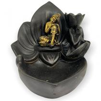 Incensário cascata Flor Buda dourado e preto 10 cm em resina