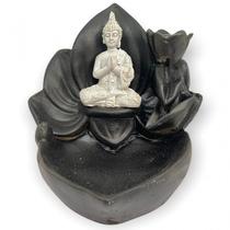 Incensário cascata Flor Buda Mini branco e preto 10cm resina