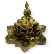 Incensário cascata Flor de Lotus Buda dourado 7 cm em resina