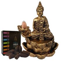 Incensário Cascata Flor de Lotus Buda Meditando Esotérico Zen + 10 Incensos Cones - R.A. ARTESANATOS