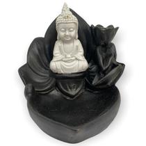 Incensário cascata Flor grande Buda Tibetano branco e preto 10 cm em resina - 47193