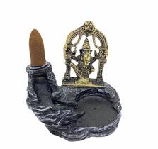 Incensário Cascata Ganesha Cinza E Dourado Em Resina 10 Cm