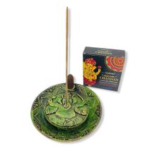 Incensário cascata prato Ganesha verde 12 cm em resina - traz proteção, harmonia e meditação