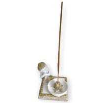 Incensário quadrado Buda sonhador dourado e branco 7 cm em resina - 47182